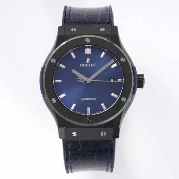GS공장 위블로 클래식 퓨전 블루 다이얼 블랙 세라믹 가죽 스트랩 42mm 542.CM.7170.LR