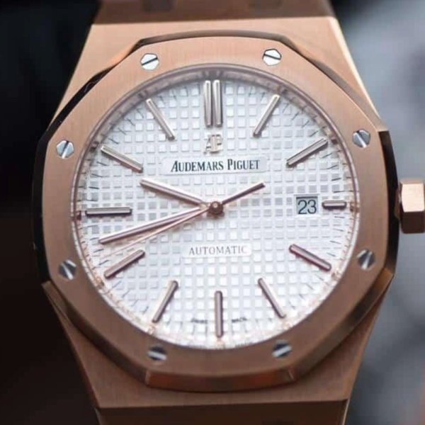 JF공장 오데마피게 로얄오크 화이트 다이얼 로즈골드 가죽 스트랩 41mm 15400OR