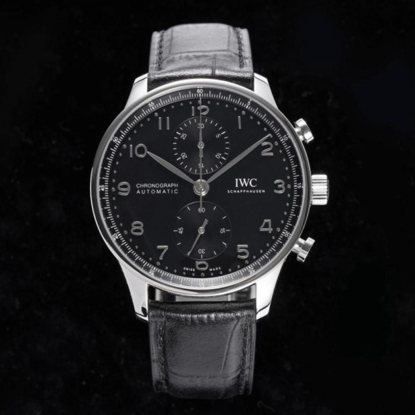 ZF공장 IWC 포르투기저 크로노그래프 실버 블랙 다이얼 레더 스트랩 41mm IW371447