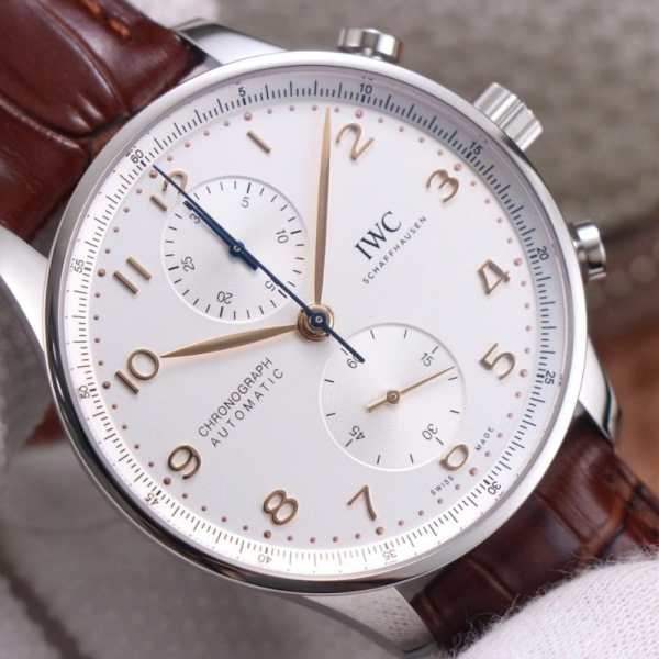 ZF공장 IWC 포르투기저 크로노그래프 화이트골드 화이트 다이얼 레더 스트랩 41mm IW371604
