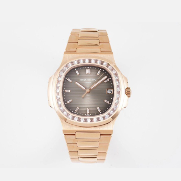 PPF공장 파텍필립 노틸러스 브라운 다이얼 바게트 다이아 베젤 RG 금통 40mm 5711