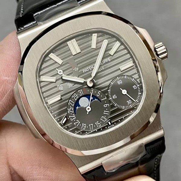 PPF공장 파텍필립 노틸러스 문페이즈 그레이 다이얼 블랙 SS 가죽스트랩  40mm 5712