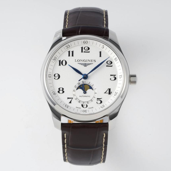 APS공장 론진 마스터 컬렉션 싱글 문페이즈 화이트 다이얼 레더 스트랩 40mm L2.909.4.78.3