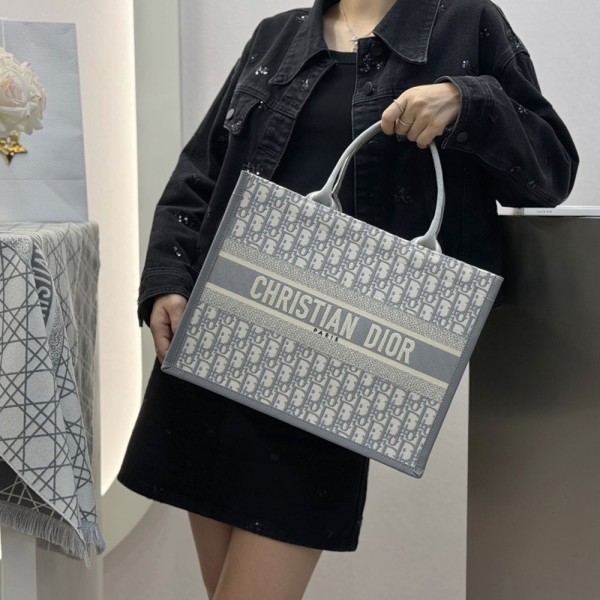 디올 오블리크 북 토트 레더 백 미듐 그레이