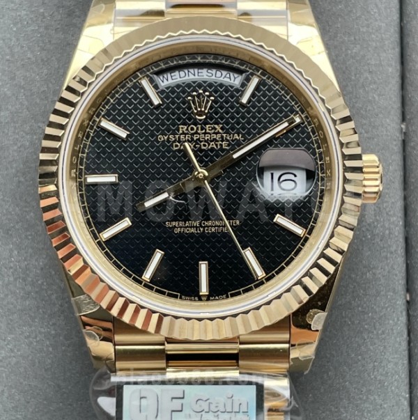 QF공장 롤렉스 데이데이트 블랙 와플 다이얼 바인덱스 YG 금통 40mm V5(텅스텐 헤비 버전) 228238