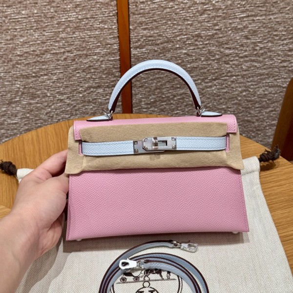 올수공 에르메스 미니 켈리 X9/mauve & T0/Blue Brume 엡송 가죽 실버 하드웨어
