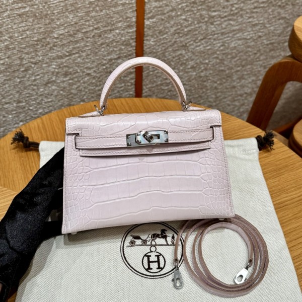 올수공 에르메스 미니 켈리 09/Mauve pale 악어 가죽 실버 하드웨어
