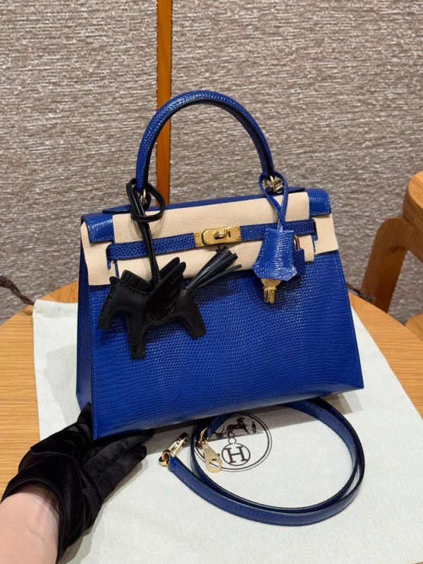 올수공 에르메스 켈리 25 7T/Blue electric 도마뱀 가죽 골드 하드웨어